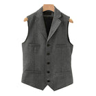 Men's Wool Blend Vest | Vintage Style | Single Breasted with Lapel | Slim Fit | Charcoal Navy Herringbone Patterns | Smart Casual Formal Wear | Adjustable Back | Functional Pockets | Year-Round Outerwear