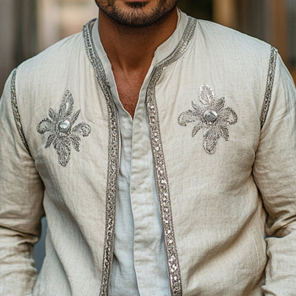 Men's Embroidered Cotton Linen Jacket | Transitional Spring Autumn Outerwear | Stand Collar | Breathable Durable Fabric | Versatile Timeless Design | Elegant Statement Piece | Sizes S to 3XL