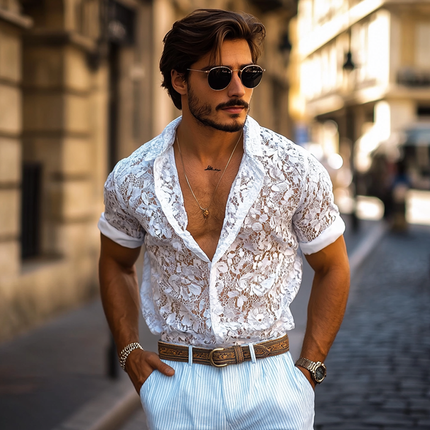 Men's Casual Shirt | Lace Lapel Detail | Button-Down | Short Sleeve | Soft Breathable Fabric | Stylish Comfort | Elegant Design | Perfect for Warm Weather & Social Gatherings