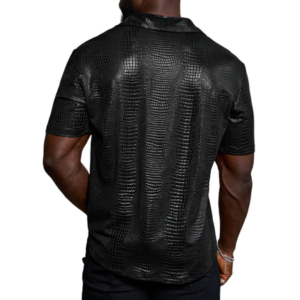 Men's Vintage Crocodile Pattern PU Leather Shirt | Lapel Collar | Loose Short Sleeve | Textured Look | Bold Statement | Fashion Forward | Comfortable Fit | Perfect for Parties & Casual Outings