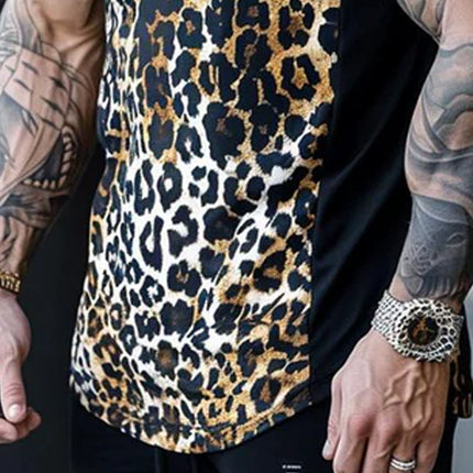 Men's Leopard Print Tank Top | Round Neck | Patchwork Details | Soft Breathable Fabric | Regular Fit | Casual Sleeveless Top | Versatile Styling | Comfortable Summer Wear