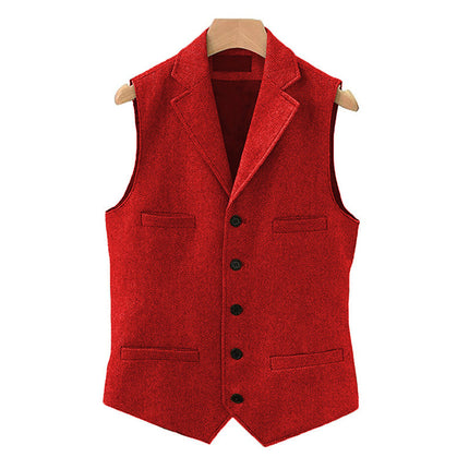 Men's Wool Blend Vest | Vintage Style | Single Breasted with Lapel | Slim Fit | Charcoal Navy Herringbone Patterns | Smart Casual Formal Wear | Adjustable Back | Functional Pockets | Year-Round Outerwear