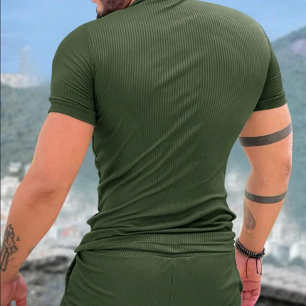 Men's Two-Piece Set | Short Sleeve Shirt & Shorts | Striped Textured Fabric | Lightweight & Breathable | Casual Summer Outfit | Crew Neckline | Comfortable & Stylish | Beach & Weekend Wear