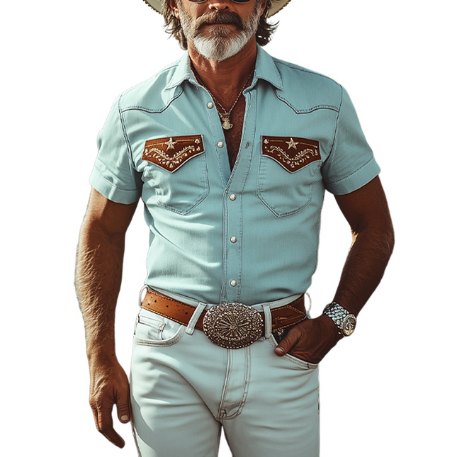 Men's Western Cowboy Shirt | Washed Tencel Denim | Embroidered Pockets | Slim Fit | Short Sleeve | Casual Spring Summer Fashion | Breathable Lightweight