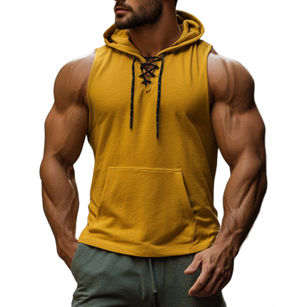 Men's Slim V-Neck Hooded Tank Top | Breathable Cotton | Lace-up Detail | Kangaroo Pocket | Casual Streetwear Style | Athletic Summer Apparel | Sleeveless Lightweight Design | Perfect for Outdoor Workouts & Casual Outings