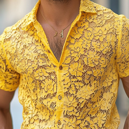 Men's Casual Shirt | Short Sleeve | Lace Lapel Detailing | Button-Front Closure | Relaxed Fit | Soft Breathable Fabric | Elegant Design for Casual Outings & Social Events | Comfortable Cotton Blend | Multiple Sizes