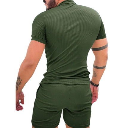 Men's Two-Piece Set | Short Sleeve Shirt & Shorts | Striped Textured Fabric | Lightweight & Breathable | Casual Summer Outfit | Crew Neckline | Comfortable & Stylish | Beach & Weekend Wear