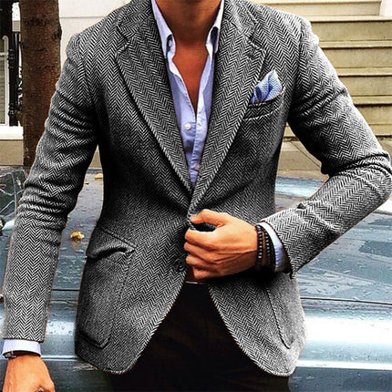 Men's Herringbone Wool Blend Blazer | Single Breasted | Vintage Style | Tailored Fit | Lapel Collar | Formal & Casual Versatility | Warm & Comfortable Outerwear | Easy Care | Various Sizes Available