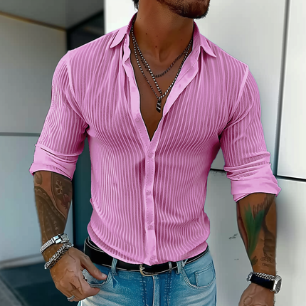 Men's Long Sleeve Striped Lapel Shirt | Solid Color | Button-Up Closure | Versatile Fit | High-Quality Fabric | Casual to Semi-Formal Wear | Multiple Sizes