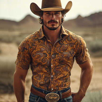 Men's Retro Western Cowboy Style Shirt | Perris Print | Short Sleeve | Lapel Collar | Casual Vintage Style | Breathable Cotton | S-3XL | Spring Summer | Ideal for Country Parties & Festivals