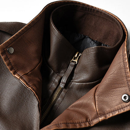 Men's Genuine Leather Bomber Jacket | Double Collar | Front Zip Closure | Brown | Sizes M-3XL | Long Sleeve | Multiple Pockets | Classic Pilot Style | Waist Length | Winter Fall Outerwear