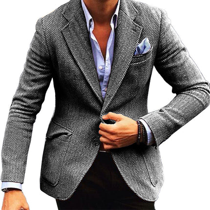 Men's Herringbone Wool Blend Blazer | Single Breasted | Vintage Style | Tailored Fit | Lapel Collar | Formal & Casual Versatility | Warm & Comfortable Outerwear | Easy Care | Various Sizes Available