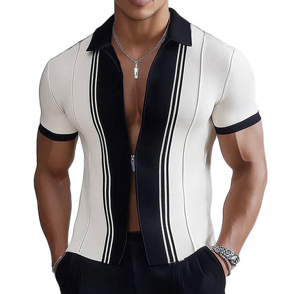 Men's Slim Fit Knitted Shirt | Black White Color Block Lapel | Zipper Closure | Soft Cotton Spandex Blend | Modern Business Casual Style | Breathable Fabric | M-3XL Sizes | Eye-Catching Elegant Design
