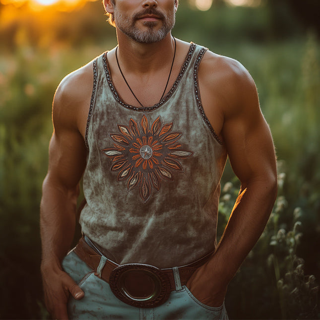 Men's Vintage Embroidered Cowboy Tank Top | Western Style Sleeveless | 100% Cotton | Scoop Neck | Casual Summer Top | Available in Sizes S-3XL | Breathable Fabric | Old West Inspired
