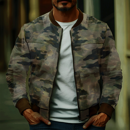Men's Leather Jacket | Casual Camouflage | Baseball Style | Premium Material | Classic Collar | Full Zipper | Long Sleeves | Functional Pockets | Urban Fashion | Versatile Wardrobe Essential