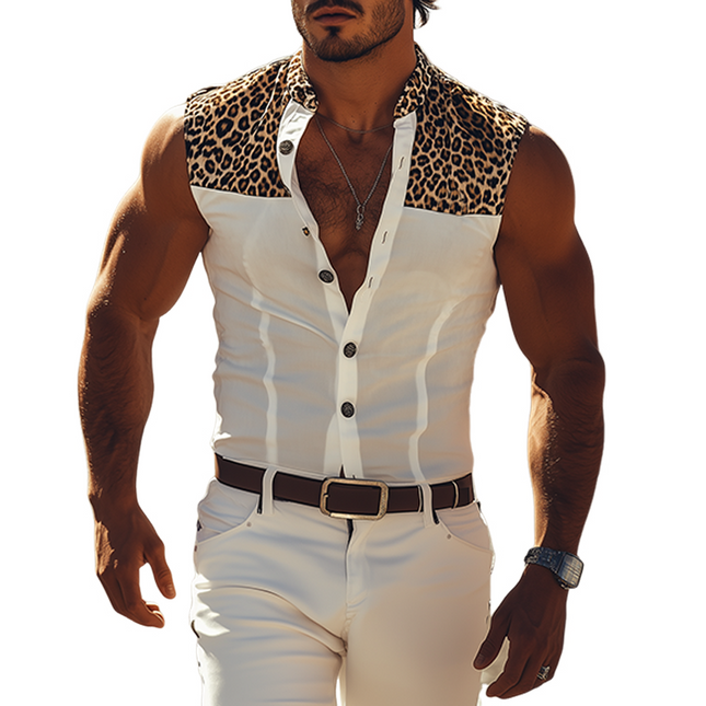 Men's Sleeveless Western Cowboy Shirt | Cotton Blend | Retro Leopard Patchwork | Casual Button-Down | Classic Collared Neckline | Fashionable Relaxed Fit | Perfect for Festivals & Casual Outings