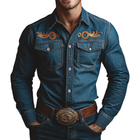 Men's Vintage Western Denim Shirt | Washed Denim | Embroidered Chest Pocket | Classic Lapel Collar | Long Sleeve | Rugged Cowboy Style | Slim Fit | Durable Construction | Men's Fashion Collection