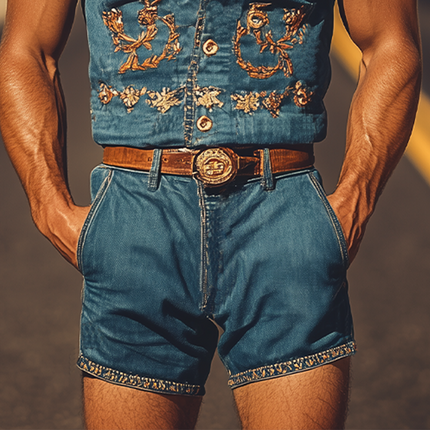 Men's Summer Jumpsuit | Retro Western Cowboy Embroidered Style | Breathable & Lightweight | Beltless Comfort | Functional Pockets | Versatile Styling | Ideal for Casual & Outdoor Activities | Fashionable Summer Outfit