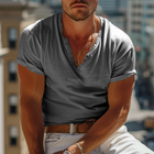 Men's Henley Collar T-Shirt | Solid Color | Short Sleeve | Buttoned Placket | Casual Everyday Wear | Versatile Style | Comfortable Fabric | Easy Pairing