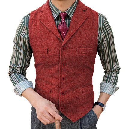 Men's Wool Blend Vest | Vintage Style | Single Breasted with Lapel | Slim Fit | Charcoal Navy Herringbone Patterns | Smart Casual Formal Wear | Adjustable Back | Functional Pockets | Year-Round Outerwear