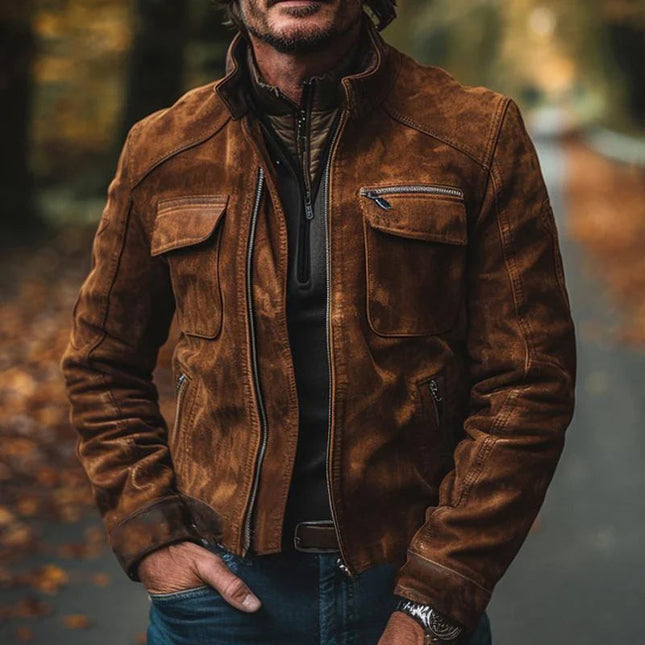 Men's Vintage Suede Jacket | Stand Collar | Zip-Up | Long Sleeve | Premium Suede | Casual & Semi-Formal | Soft & Durable Fabric | Full-Length Front Zipper | Pockets with Secure Closure | Interior Lining | Classic Design