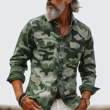 Men's Camouflage Cargo Shirt | Lapel Collar | Breast Pocket | Multi-Pocket Design | Lightweight Polyester Blend | Military-Inspired Look | Casual Wear | Outdoor Activities | Streetwear Fashion
