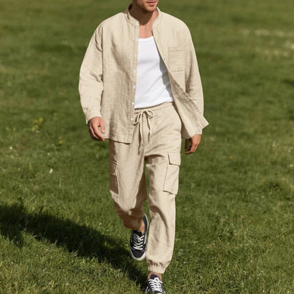 Men's Cotton Linen Long-Sleeve Shirt Trousers Set | Casual Breathable Outfit | Neutral Tone Options | Comfortable Fit for Everyday Wear