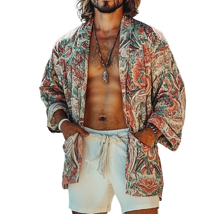 Men's Bohemian Cardigan | Long Sleeve Loose Fit | Flowing Casual Outerwear | Lightweight Cotton Blend | Artistic Vintage Design | Relaxed Open Front | Perfect for Layering | Versatile Streetwear Fashion