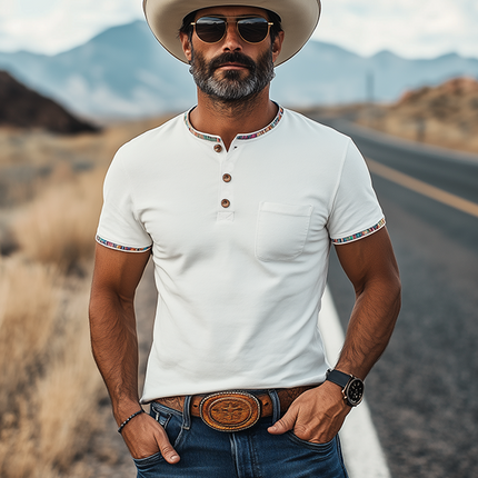 Men's Western Cowboy Style T-Shirt | Henley Collar | Short Sleeve | Retro Suede Stitching | Colorful Ribbon Details | Casual Comfort | Vintage Inspired | Breathable Material | Relaxed Fit