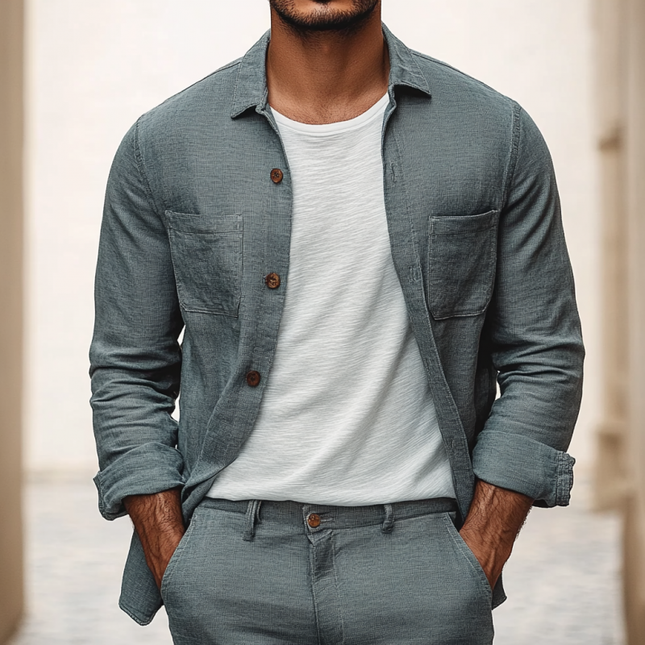 Men's Breathable Linen Long Sleeve Shirt | Casual Patch Pocket Loose Fit | Stylish Lapel Collar | Lightweight Summer Top