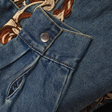 Men's Western Style Denim Shirt | Embroidered Lapel | Long Sleeve | Chest Pocket | Cowboy Aesthetic | Durable Casual Wear | Buttoned Cuffs | Versatile Fashion | Blue Denim | Classic Western Charm