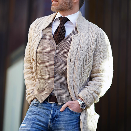 Men's Vintage Cable Knit Stand Collar Cardigan | Single Breasted Button Closure | High Quality Knit | Long Sleeve Loose Fit | Classic Style for Spring, Fall, Winter | Versatile Daily Wear Sweater
