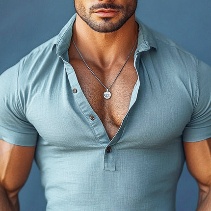 Men's Cotton Linen Blend Shirt | Short Sleeve | Lapel Collar | Casual Style | Breathable Fabric | Lightweight Summer Top | Wrinkle Resistant | Easy Care | Machine Washable | Versatile Everyday Wear