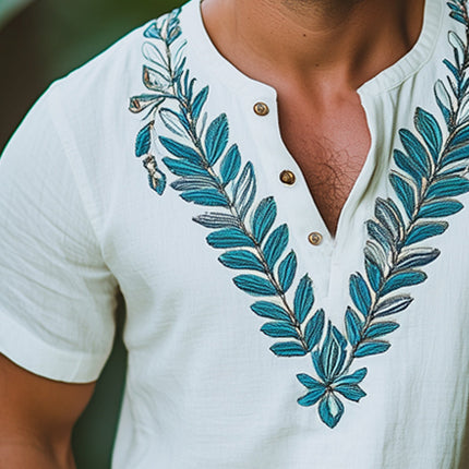 Men's V-Neck Leaf Embroidery Short Sleeve T-Shirt | Summer Casual Cotton Blend | Relaxed Fit | Nature-Inspired Design | Comfort & Style | Machine Washable