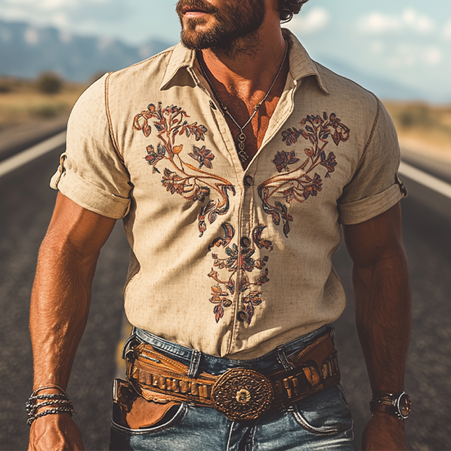 Men's Summer Shirt | Classic Retro Western Style | Embroidered Linen | Short Sleeve | Breathable Comfort | Versatile Casual | Iconic Design | Optimal Airflow | Modern Flair | Timeless Nostalgia