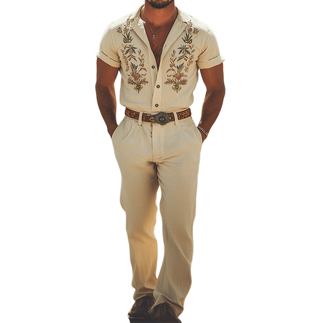 Men's Retro Western Embroidered Jumpsuit | Summer Cotton Linen One-Piece | Breathable Fabric | Intricate Design | Relaxed Fit | Functional Pockets | Easy Style | No Belt Required