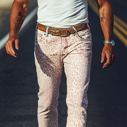 Men's Washed Denim Pants | Spring Summer Fashion | Retro Western Cowboy Style | Pink Leopard Print | Casual Wear | Comfortable Fit