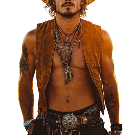 Men's Suede V-Neck Vest | Vintage Western Cowboy Style | High-Quality Material | Durable Wear | Classic Design | Casual & Themed Parties | Intricate Stitching | Iconic Cowboy Look | Versatile Outerwear