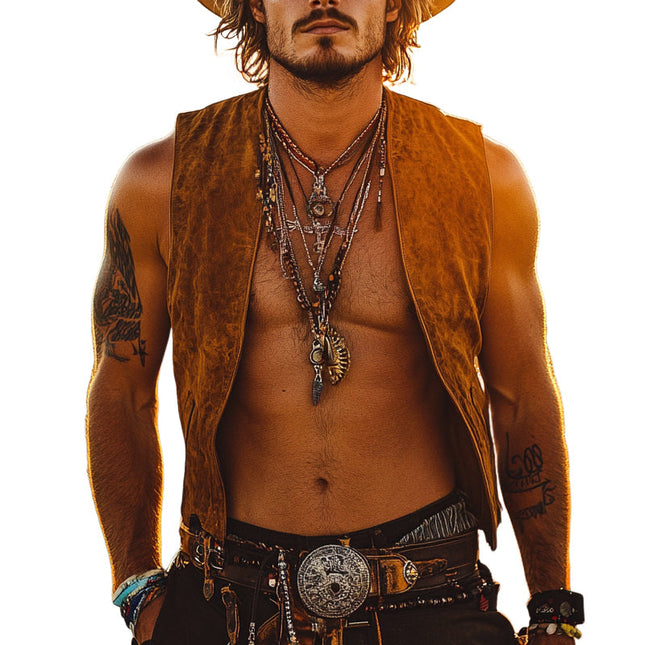 Men's Suede V-Neck Vest | Vintage Western Cowboy Style | High-Quality Material | Durable Wear | Classic Design | Casual & Themed Parties | Intricate Stitching | Iconic Cowboy Look | Versatile Outerwear