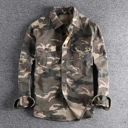 Men's Camouflage Cargo Shirt | Long Sleeve | Lapel Collar | Patch Pocket | Single Breasted | Machine Washable | Durable | Casual Wear | Fashionable 남성용 피크닉 스타일의 세련된 카무플라쥬 셔츠