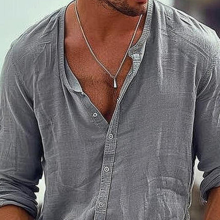 Men's Cotton Linen Shirt | Stand Collar | Single Breasted | Long Sleeves | Casual Fit | Soft & Breathable | Machine Washable | Versatile Style | Available in Various Sizes