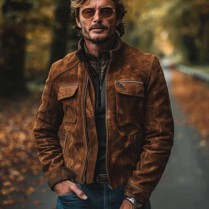 Men's Vintage Suede Jacket | Stand Collar | Zip-Up | Long Sleeve | Premium Suede | Casual & Semi-Formal | Soft & Durable Fabric | Full-Length Front Zipper | Pockets with Secure Closure | Interior Lining | Classic Design