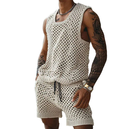 Men's Knitted Vest Shorts Set | Vacation Outfit | Lightweight Breathable Fabric | Textured Knit Design | V-Neck Sleeveless Vest | Casual Summer Two-Piece | Perfect for Beach Trips & Poolside Lounging