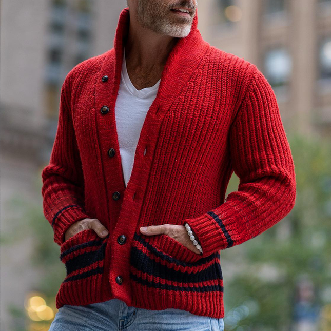 Men's Vintage Striped Knit Cardigan | Shawl Collar | Horn Buttons | Dual Side Pockets | Cotton Cashmere Blend | Warm & Comfortable | Autumn & Winter Wear | Tailored Fit | Single-Breasted Closure