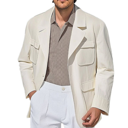 Men's White Multi-Pocket Jacket | Spring and Autumn Outerwear | Casual Loose Fit | Full-Length Sleeves | Versatile and Practical Layering | Breathable Fabric | Adjustable Cuffs | Sizes S-3XL