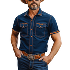 Men's Western Cowboy Shirt | Washed Tencel Denim | Short Sleeve | Slim Fit | Cuff Embroidery | Spring Summer Fashion | Casual Style | Breathable & Lightweight | Tailored Silhouette