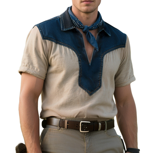 Men's Retro Western Style Denim Shirt | Casual Cowboy Lapel | Short Sleeve | Durable Breathable Fabric | Versatile Spring Summer Fall Top | Available in Sizes S to 3XL | Classic Vintage Charm