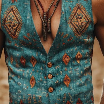 Men's Geometric Print Stand Collar Vest | Retro Ethnic Style | Casual Linen Outerwear | Sleeveless Breathable Design | Perfect for Spring and Summer | Comfortable and Durable | Versatile Fashion Piece