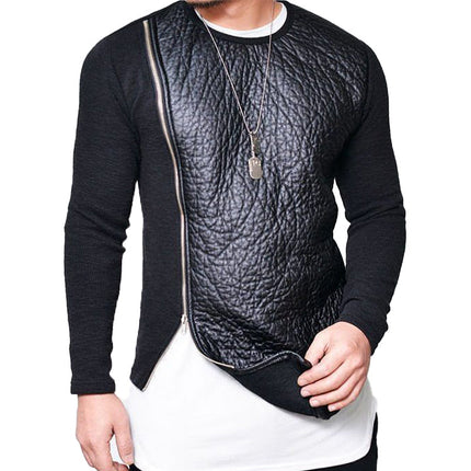 Men's Leather Detailed Zip-up Round Neck Long Sleeve T-shirt | Casual Stylish Modern Design | Comfortable Soft Cotton Blend | Versatile Tailored Fit | Perfect for Layering