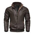 Men's Genuine Leather Bomber Jacket | Double Collar | Front Zip Closure | Brown | Sizes M-3XL | Long Sleeve | Multiple Pockets | Classic Pilot Style | Waist Length | Winter Fall Outerwear